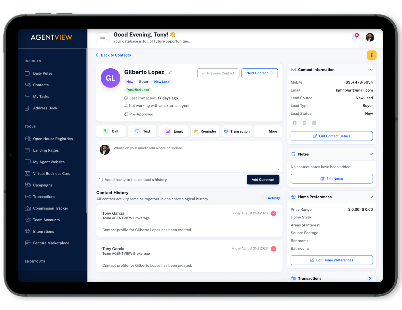 AGENTVIEW AV2 complete client contact profile