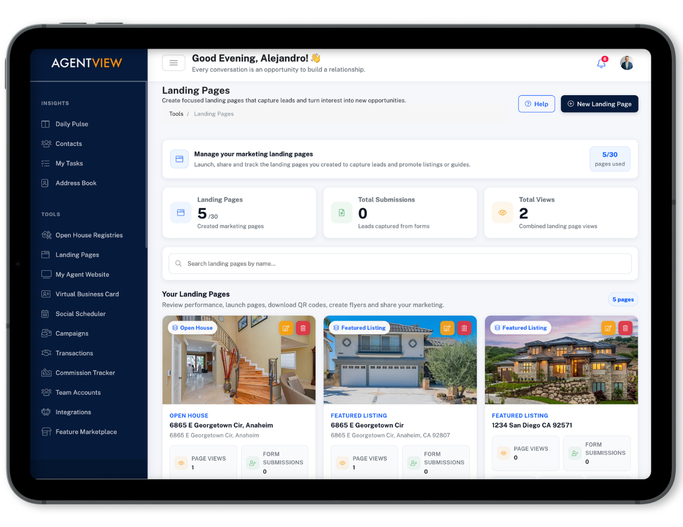 AGENTVIEW AV2 Landing Page templates and creation