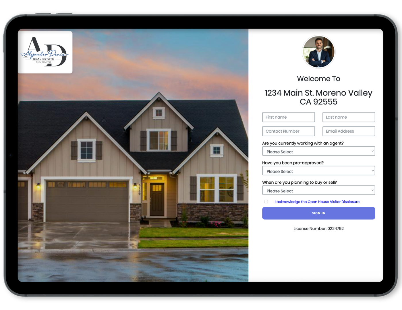 AGENTVIEW AV2 Open House visitor registration page